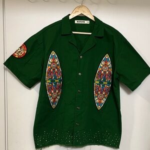 Watson Green Men's Work Shirt with Stained Glass Pattern & Rhinestones  💎❇️💎